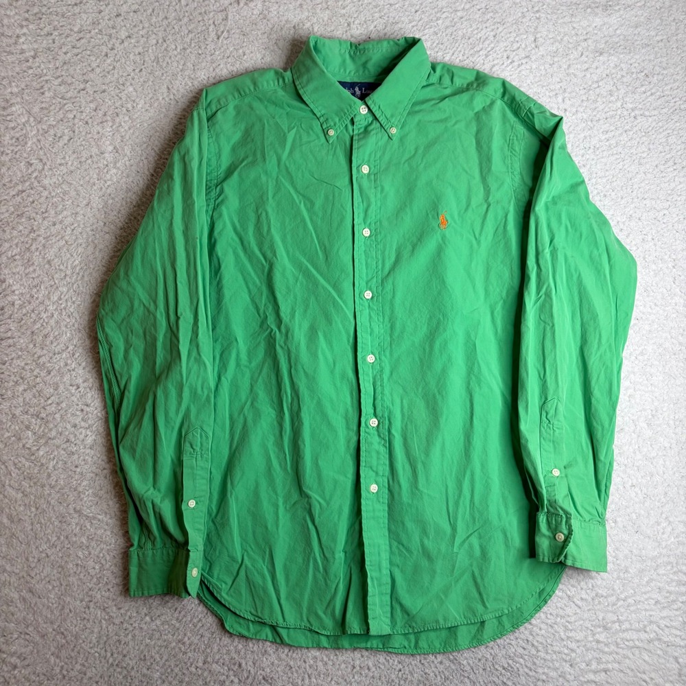 Ralph Lauren Mens Classic Fit Green Button Down Shirt Orange Pony Logo Large